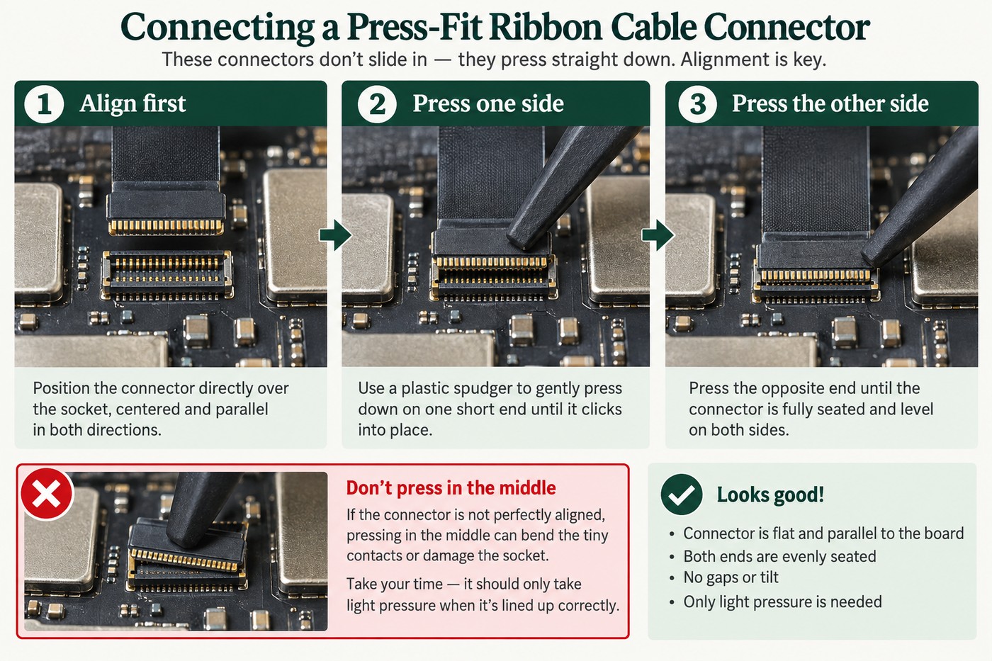 Three-step illustration of the safe technique for seating a press-fit ribbon cable connector: align it squarely over the socket, press one short end until it clicks, then press the other end. A warning panel shows why pressing the middle of a misaligned connector can bend the contacts.